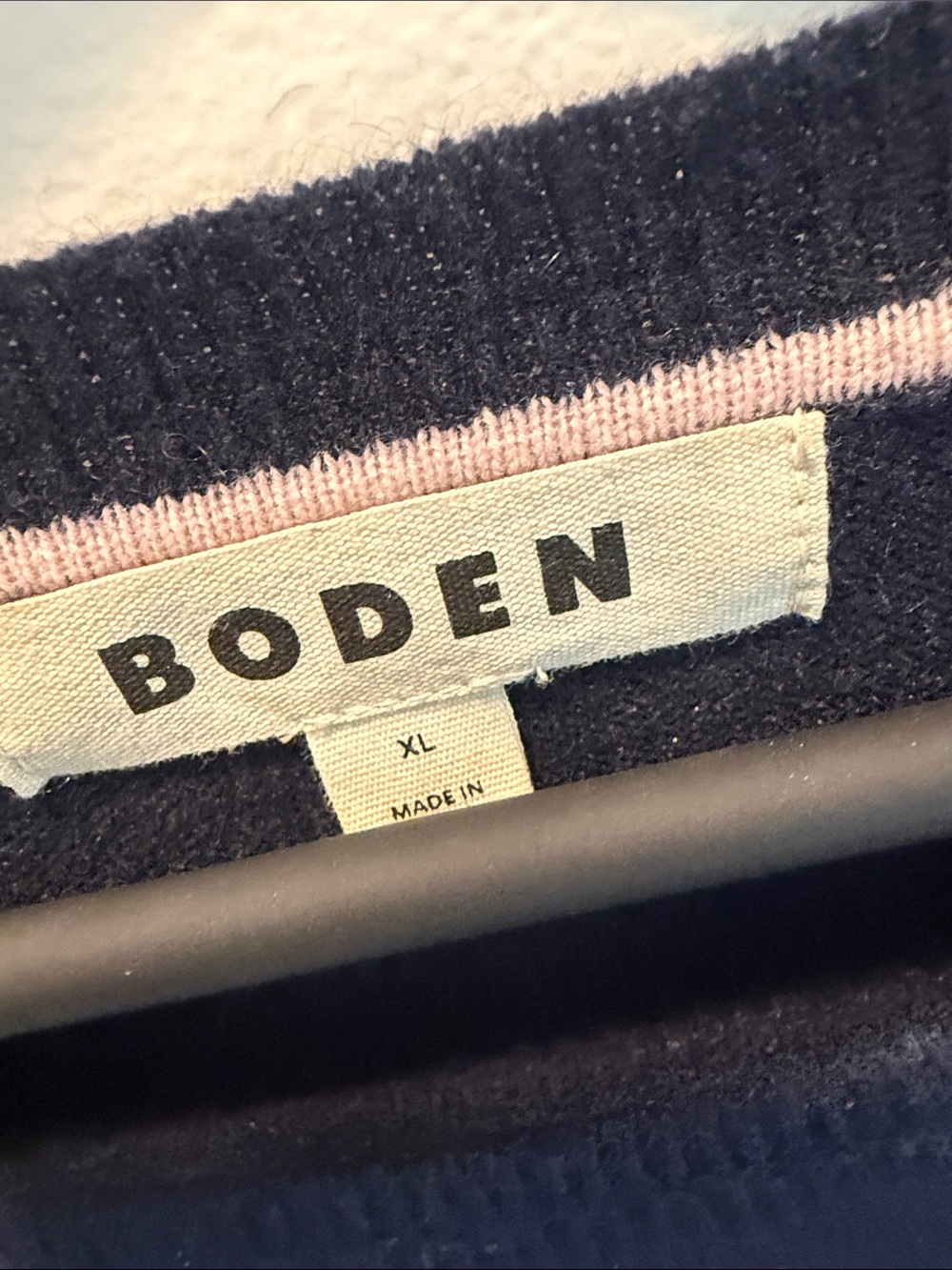 Boden cashmere Navy Crewneck Sweater with Pink, Red and Yellow Stripes - Picture 2 of 5